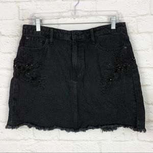Guess Sequined Appliqué Raw Hem Black Denim Skirt